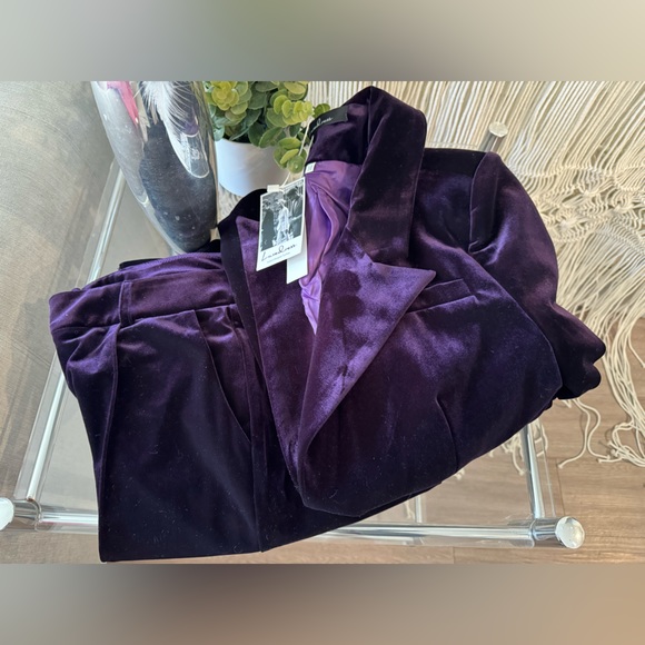 NEW!! LUXURY LAPEL COLLAR LONG SLEEVE VELVET BLAZER MATCHING SET - PURPLE - Picture 6 of 8